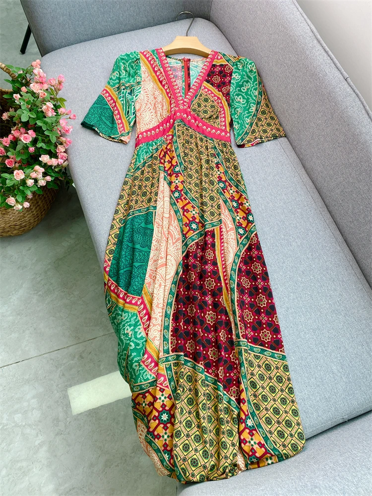 

Summer 2025 new French retro print V-neck Bohemian vintage dress long dress