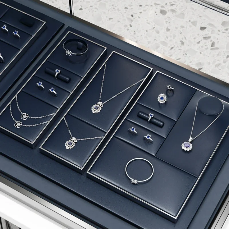 

Синяя кожаная металлическая витрина для ювелирных изделий, кольца, ожерелья, часы, стойка для сережек, реквизит для демонстрации ювелирных изделий
