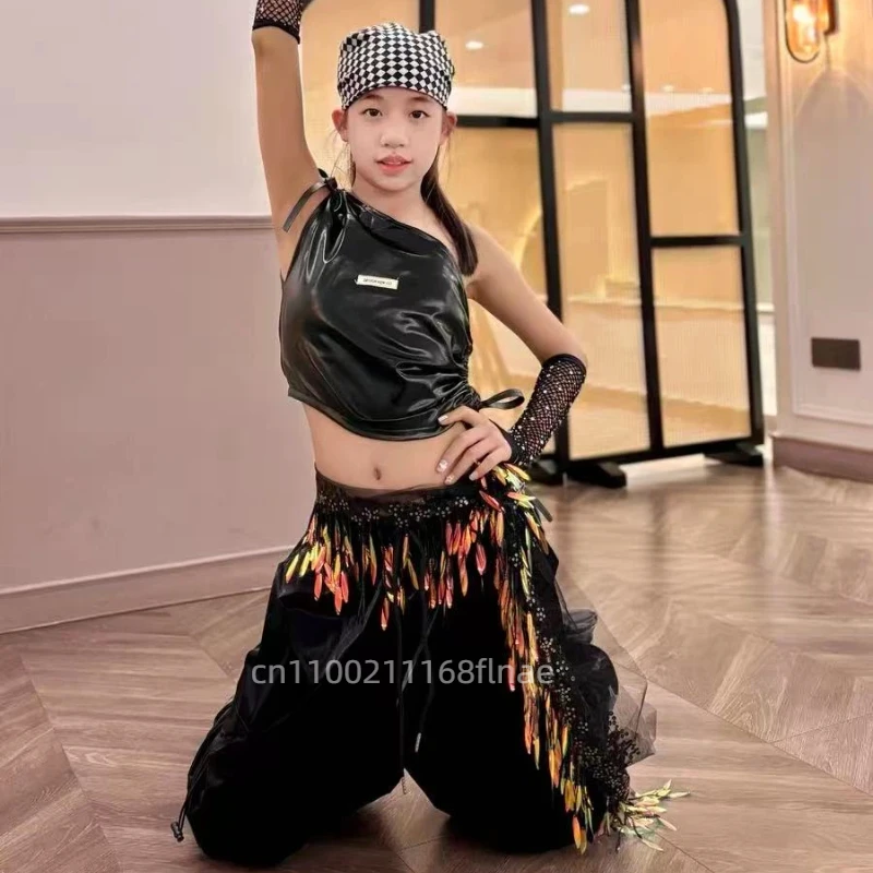 Strój do tańca jazzowego dla dziewczynki, strój do tańca jazzowego ulicznego dla dzieci, błyszczący skórzany zestaw dla dziewczynki