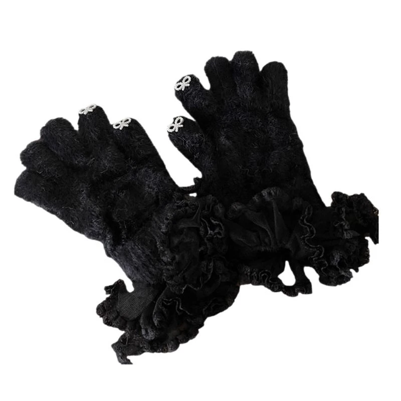 652F Warm Rex Rabbit Furs Gloves with Full Fingers for Winter Autumn Lace Cuffs Gloves