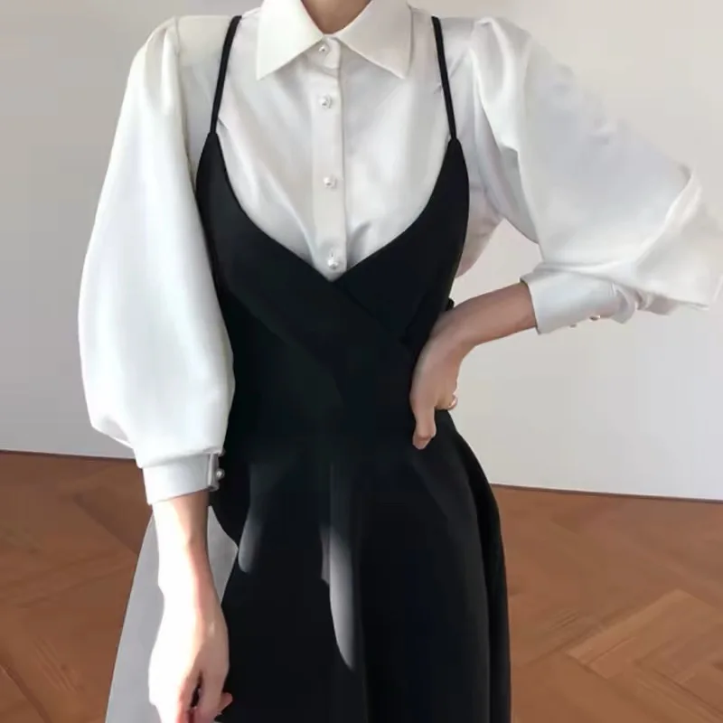 Korean Chic Shirt Lantern Sleeve Turn-down Collar Swing Skirt Two-piece Set Women's Fashion Polyester Fiber Four-season Dress