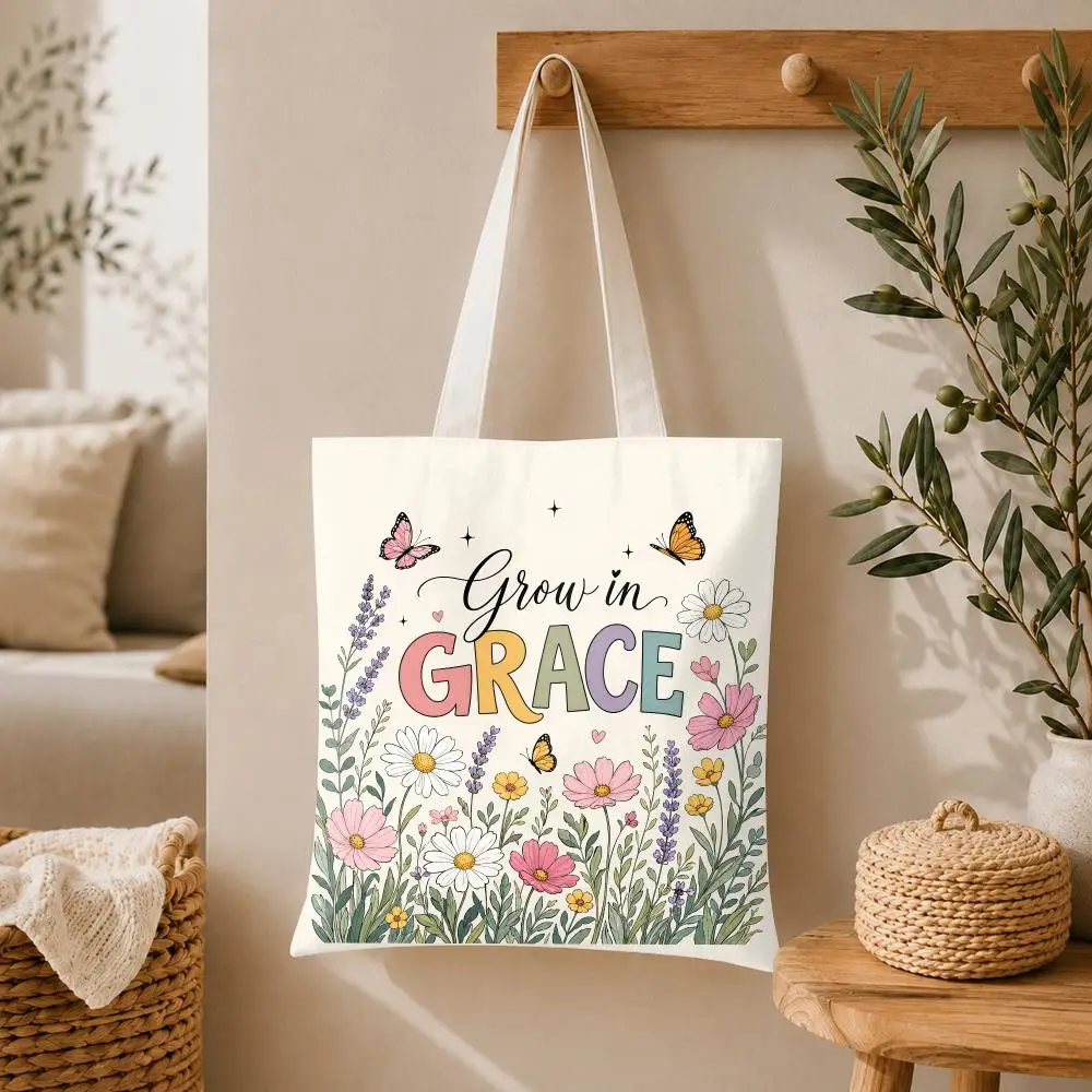 Retro Bible Verse Storage Bags Large Capacity Canvas Tote Bag Double-Sided Print Shoulder Handbag for Daily Shopping
