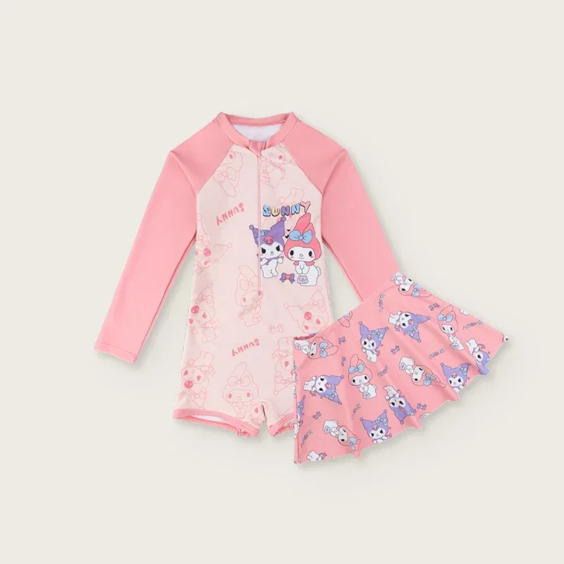 Costumi da bagno interi con stampa Kuromi Sanrio Anime My Melody Cinnamoroll Costumi da bagno a maniche lunghe per bambini Gonna costume da bagno