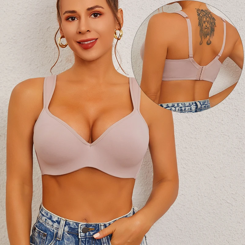 FINETOO Sexy Women Plus Size Underwire Full Coverage Unlined Seamless Bra Wide Straps Wireless Bras for Women Push Up Brassiere