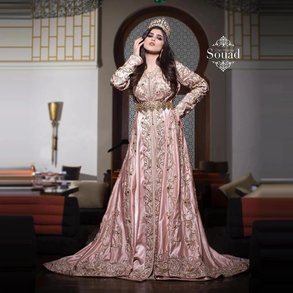 

Pink Moroccan Kaftan Muslim Evening Dresses A-line V-neck Long Sleeves Appliques Dubai Arabic Turkey Caftan Islamic Gown