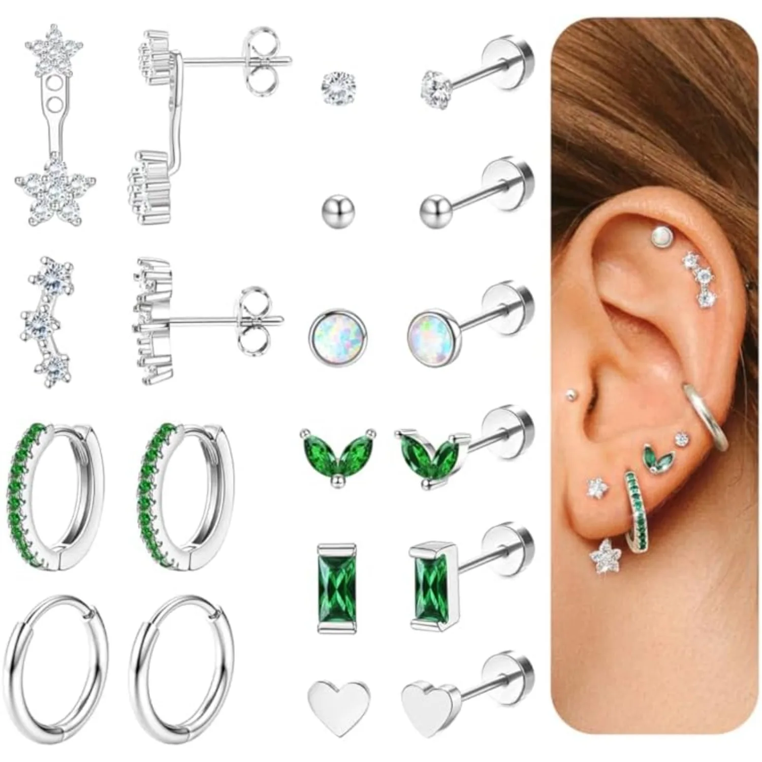 

Bobisty 14K Gold-plated Flat Back Stud Earrings Set for Women Surgical Steel Hoop Cartilage Earrings for Multiple Piercing 20G