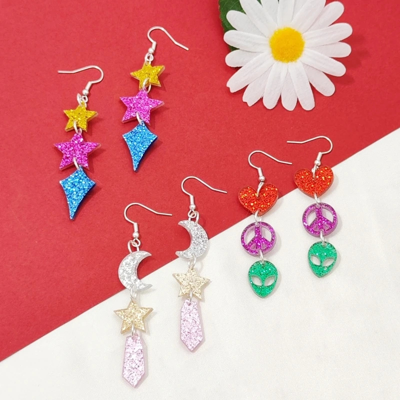 KUGUYS Lovely Glitter Earrings For Women Acrylic Star Moon UFO ET Music Art Festival Jewelry