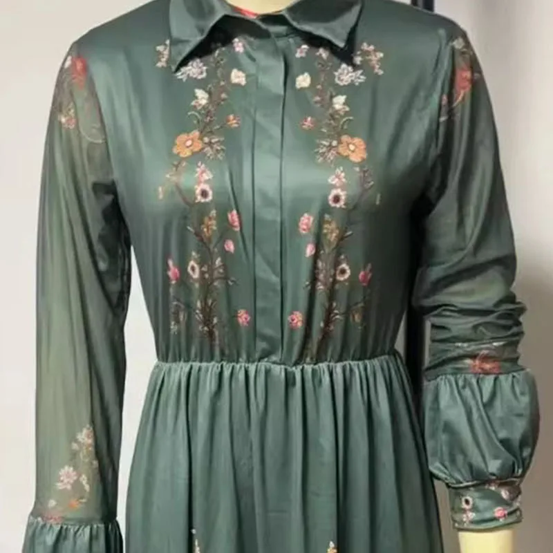 เดรสยาวพิมพ์ลายดอกไม้สไตล์เรโทรสำหรับผู้หญิง แขนยาว จับจีบ คอเสื้อเชิ้ต ติดกระดุม เหมาะสำหรับงานปาร์ตี้ ฤดูใบไม้ผลิ ฤดูร้อน หรือฤดูใบไม้ร่วง