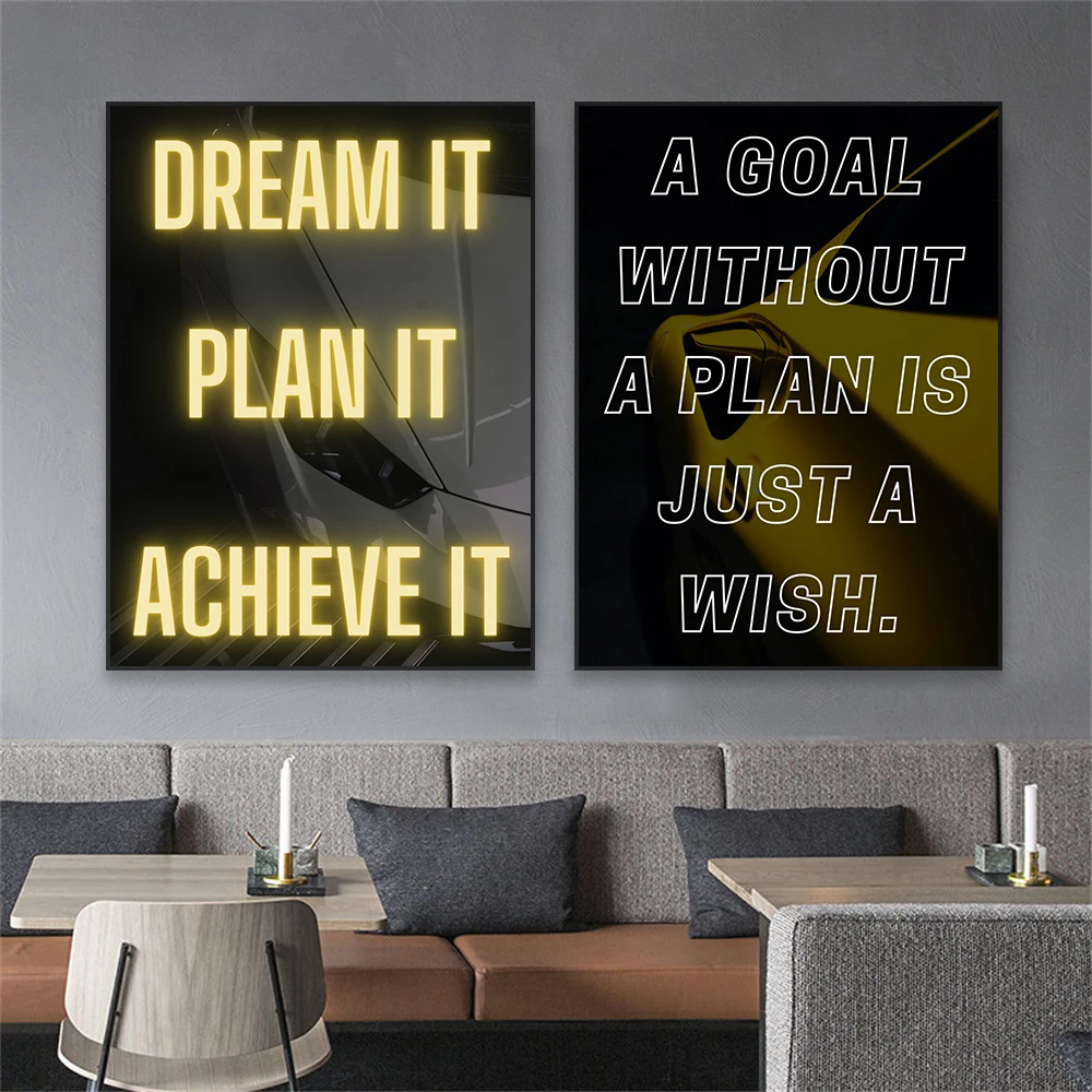 Motivational Neon Quote Art Prints Dream it Plan it Achieve it Poster Car Wall Art Canvas Painting Office Room Home Room Decor