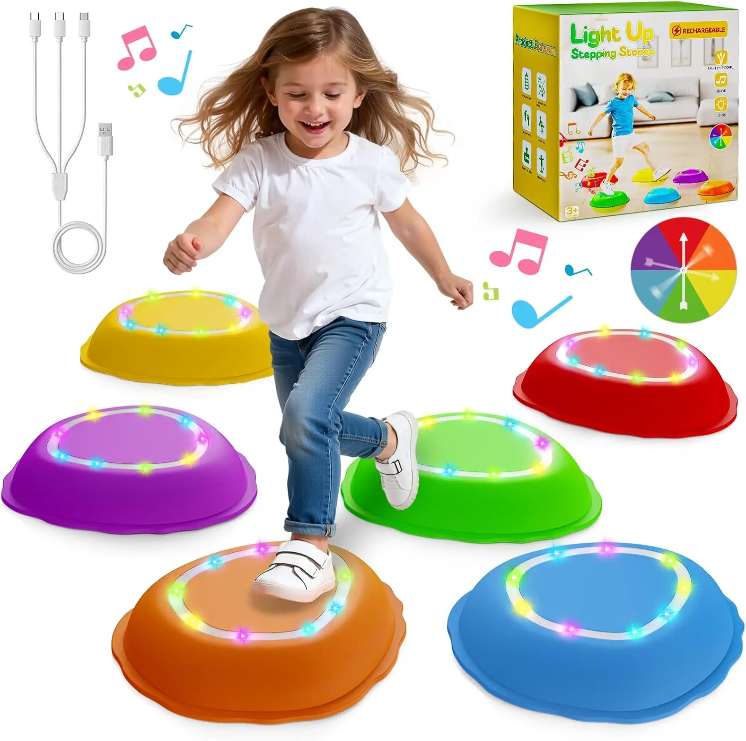 

6-Pack Rechargeable Stepping Stones for Kids with Music & Lights, Non-Slip Balance Sensory Toys for Indoor Outdoor Play, Gift for 2-5 Year Olds
