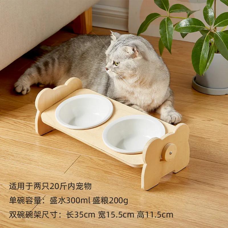 Bamboo Elevated Puppy Cat Bowls with Stand Adjustable RaisedCat Food Water Bowls Holder Rabbit Feeder for Small Medium Pet