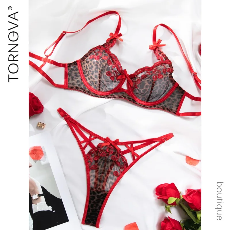 

Tornova Hot Sexy Lingerie Panty Leopard Print Embroidery Bow Knot Decor Slim Backless Interesting Hollow Romantic Underwear Set