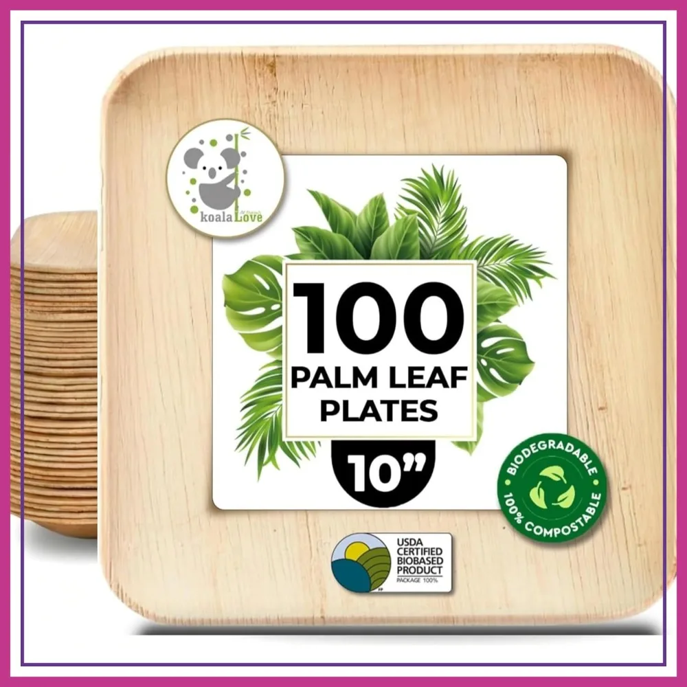 

Elegant 10 inch Square Palm Leaf Plates, 100 Pack Bulk Disposable, Sturdy Design Better Than Paper and Plastic