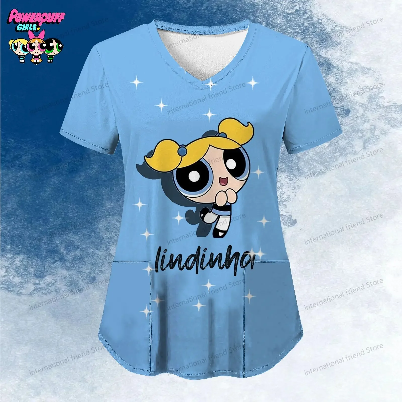 Women\'s V Neck Nurse Uniform T-Shirt Pocket The Powerpuff Girls Summer Woman Clothing Kawaii Y2k New Dress Tshirts Dames 2024