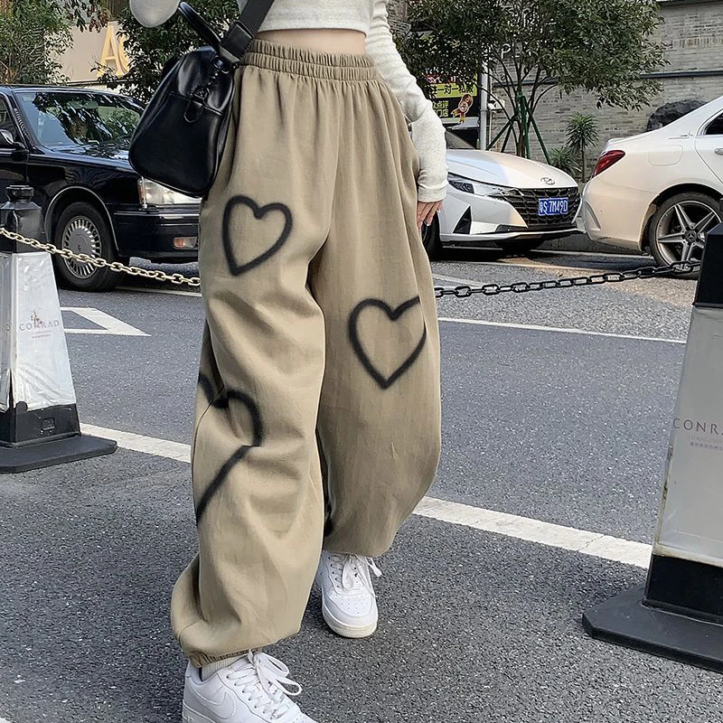 High Quality Heart Printing Casual Pants Women Bf Cotton Vintage Loose Straight Jogging Pants Fashion Hip Hop Streetwear