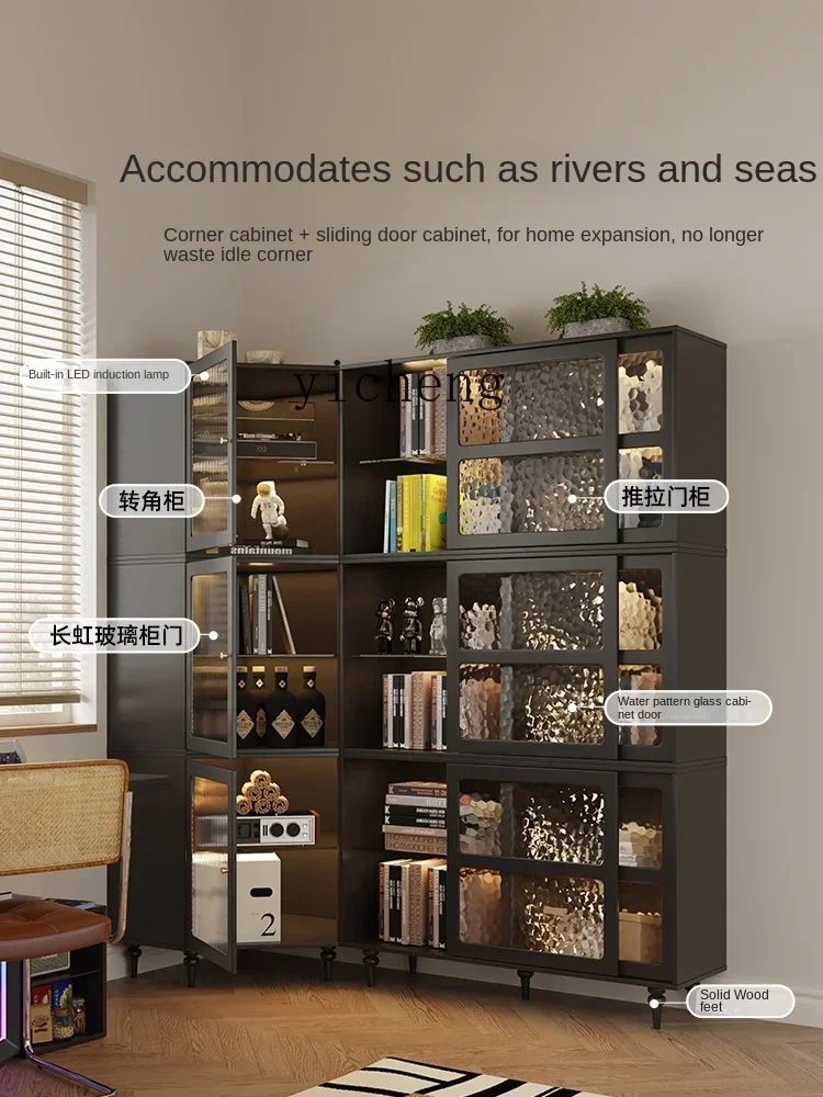 ZZZTQH solid wood corner bookcase with glass cabinet door floor-to-ceiling living room and whole wall combination bookcase