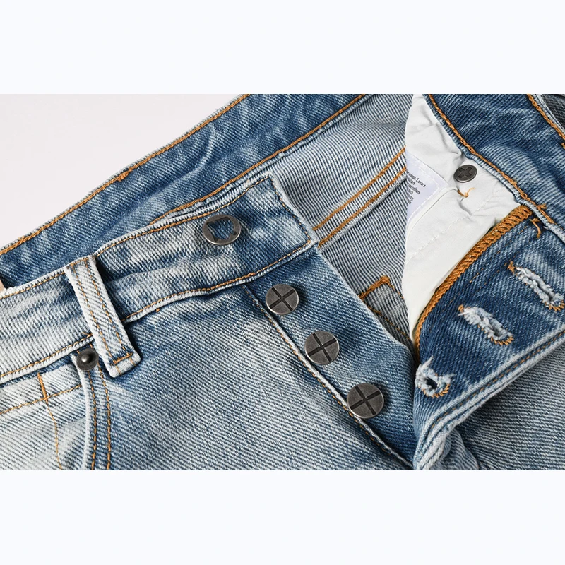 بنطال جينز رجالي High Street Distressed Light Indigo Stretch نحيف بأزرار ممزقة #2