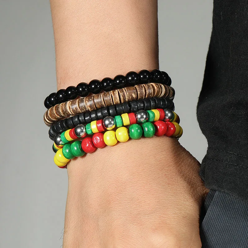 5Pcs Colorful Reggae Style Stackable Bracelets Set Boho Ethnic Hand Jewelry Gifts Red Yellow Green Black Wood Beaded Wristband