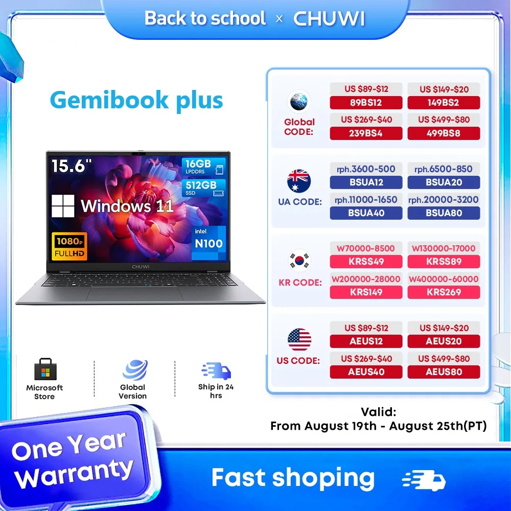 

CHUWI GemiBook Plus Laptop 15.6" Intel N100 Graphics for 12th Gen 1920*1080P 8GB/16GB RAM 256GB/512GB SSD Windows 11 Laptops