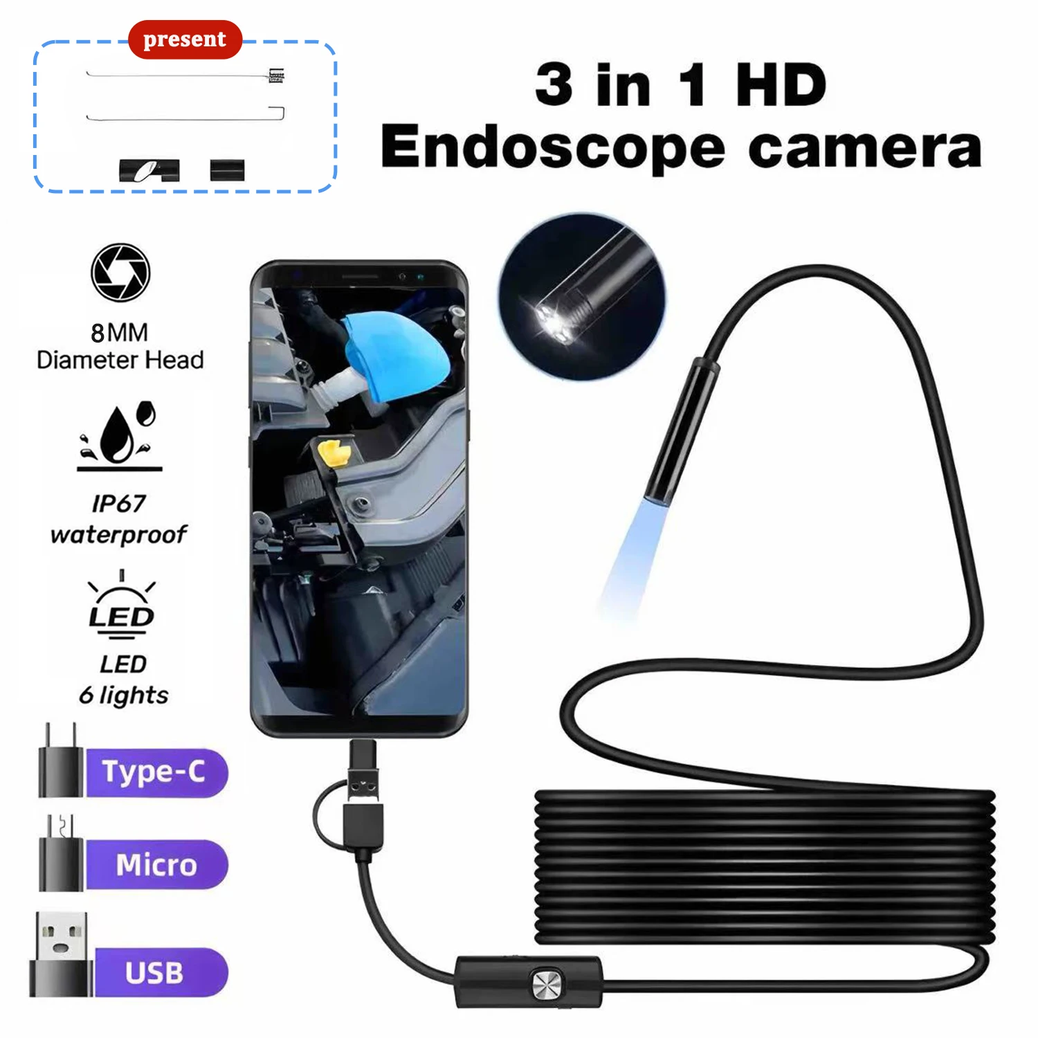 8MM Android Endoscope Camera 3 IN1 Micro USB Type C Borescope Mini Camera Waterproof LED Car Inspection For HUAWEI XIAOMI PC