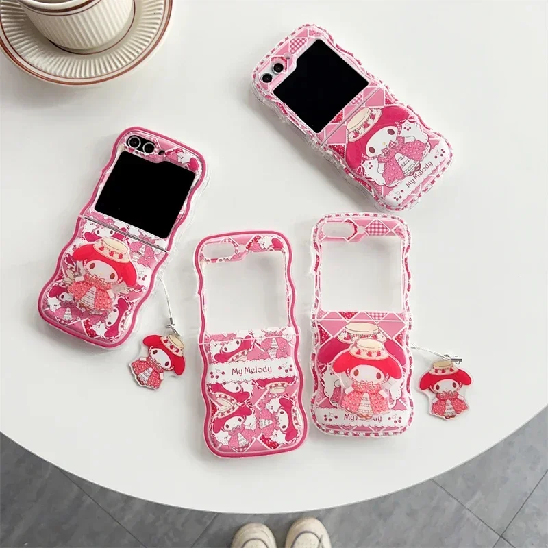 

Cute Cartoon Pink Mys Melodys with Bracket Phone Case for Samsung Galaxy Z Flip 3 4 5 5G PC Hard Anti-drop Back Cover Funda