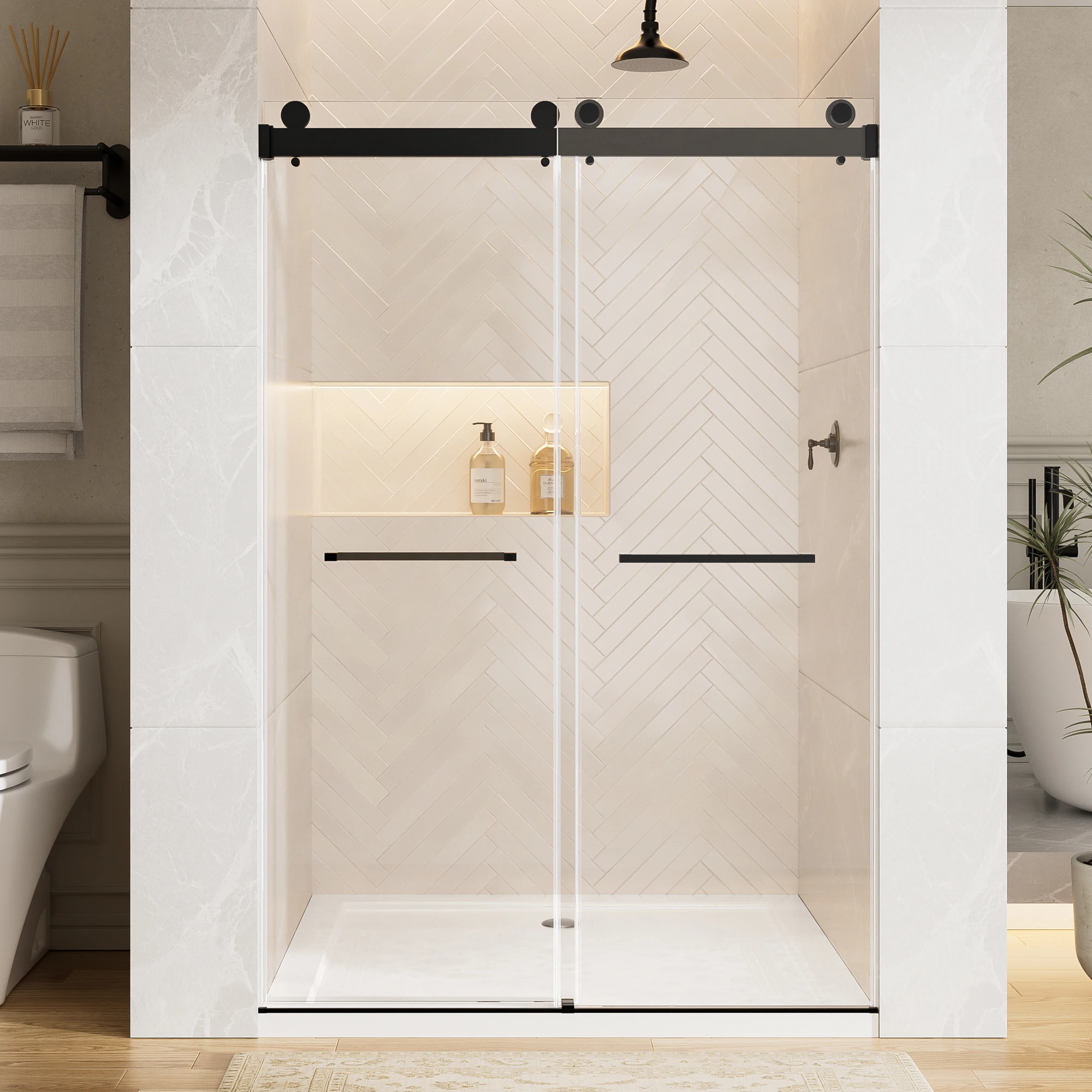 

Sh.Kl 56-60 Inches W X 76 Inches H Frameless Sliding Shower Door, 5/16 Inches (8 mm) Clear Tempered Glass Door, Matte Black