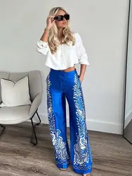 HH Woman Fashion Spring Wide Leg Pants Blue Print High Waist Pockets Button Zipper Trousers Female Bohemian Style Long Pants