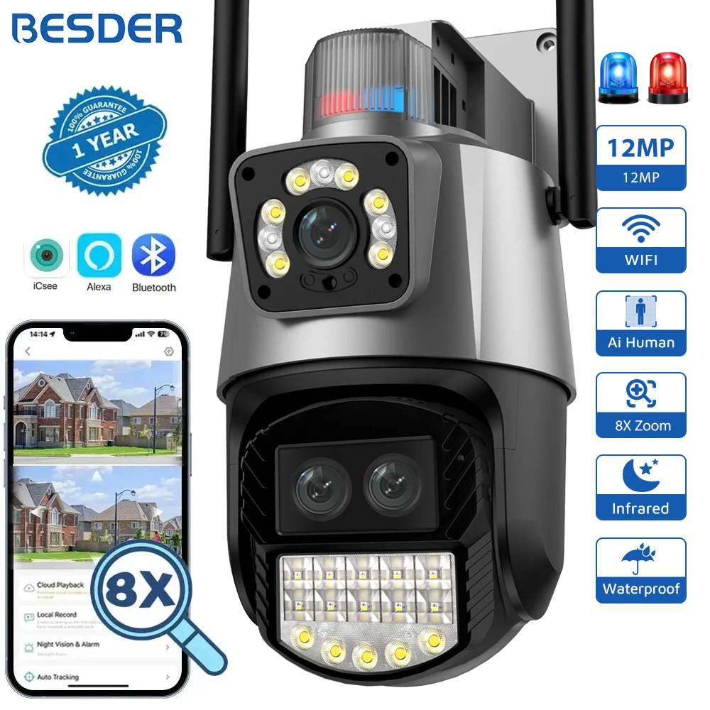 BESDER 6K 12MP PTZ Wifi Camera Dual Screen 8X Digital Zoom Human Detection Outdoor 8MP CCTV IP Camera Security Protection iCSee