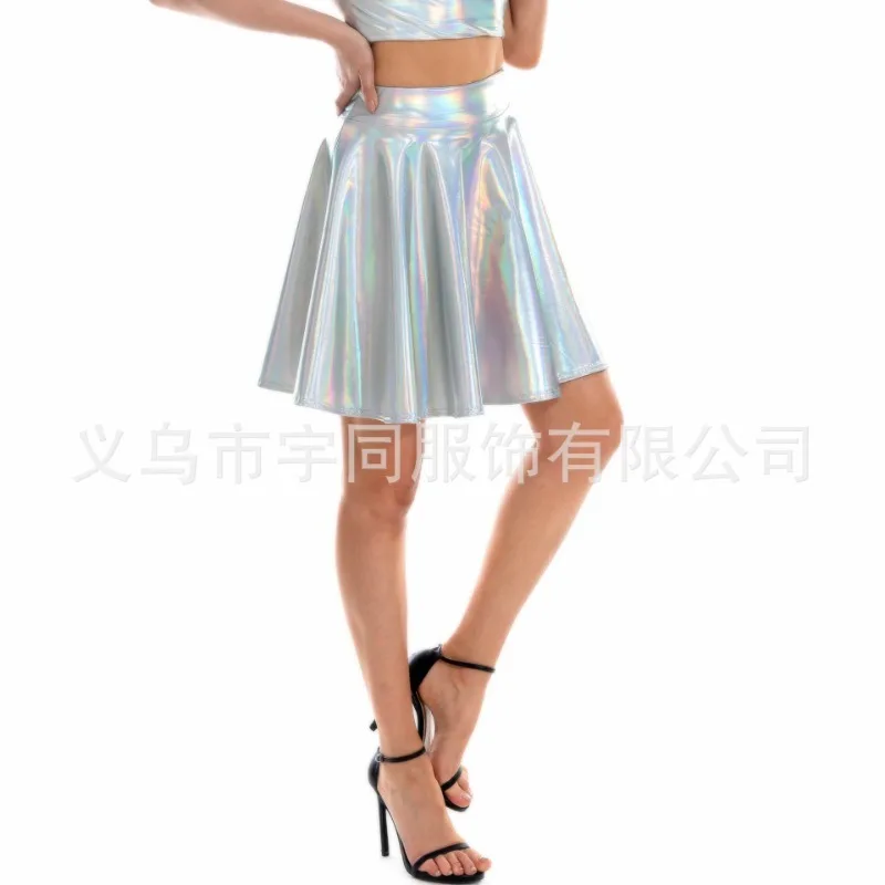 Summer Sexy Sparkle Pu Holographic A-line Skirts Pocket Music Festival Women Gradient Color Slim Short Skirt Streetwear Harajuku