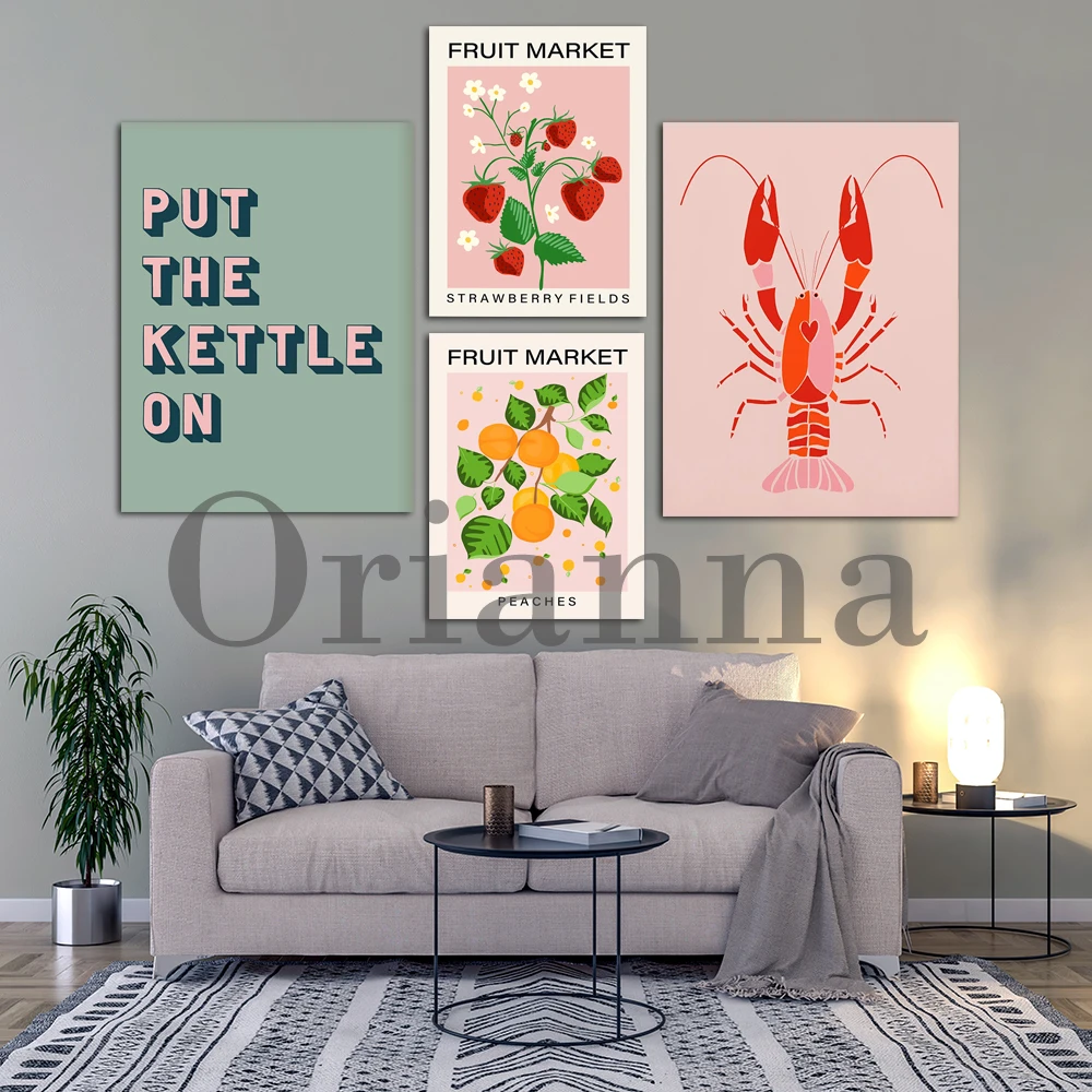 Strawberry Peaches Fruit Red Pink Lobster Colourful Wall Art Prints Poster Home Kitchen Dining Room Cafe Wall Art Decor Painting