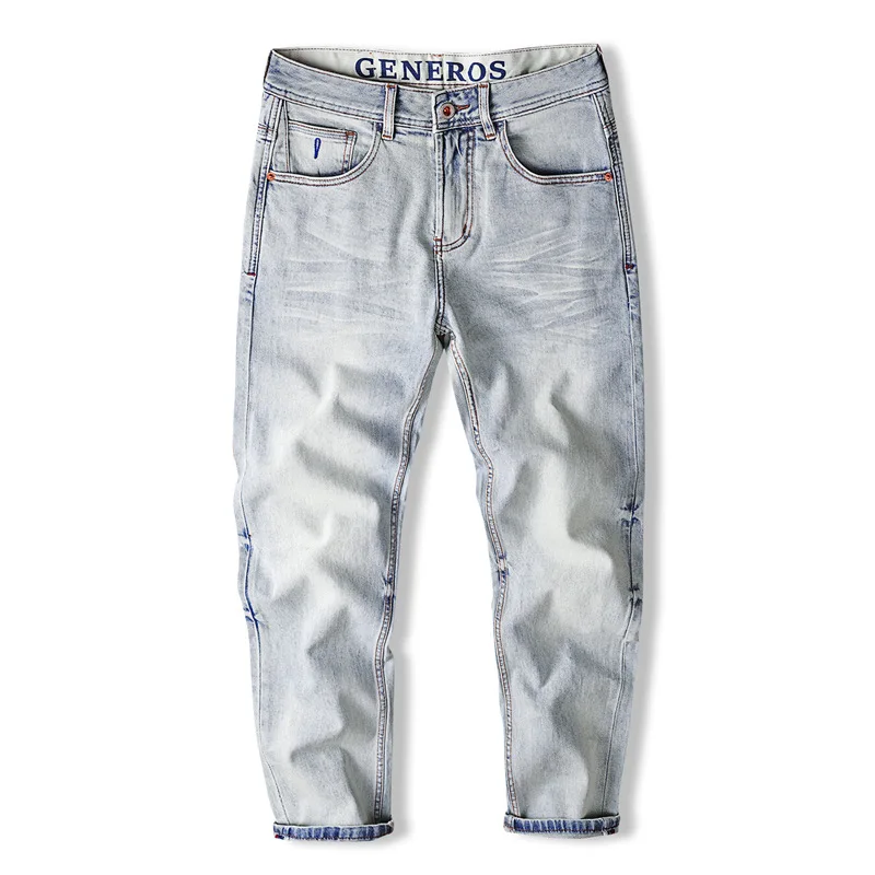 

Fashionable high-end men's denim pants with elastic slim fit, small straight tube, light blue washed and worn denim pants