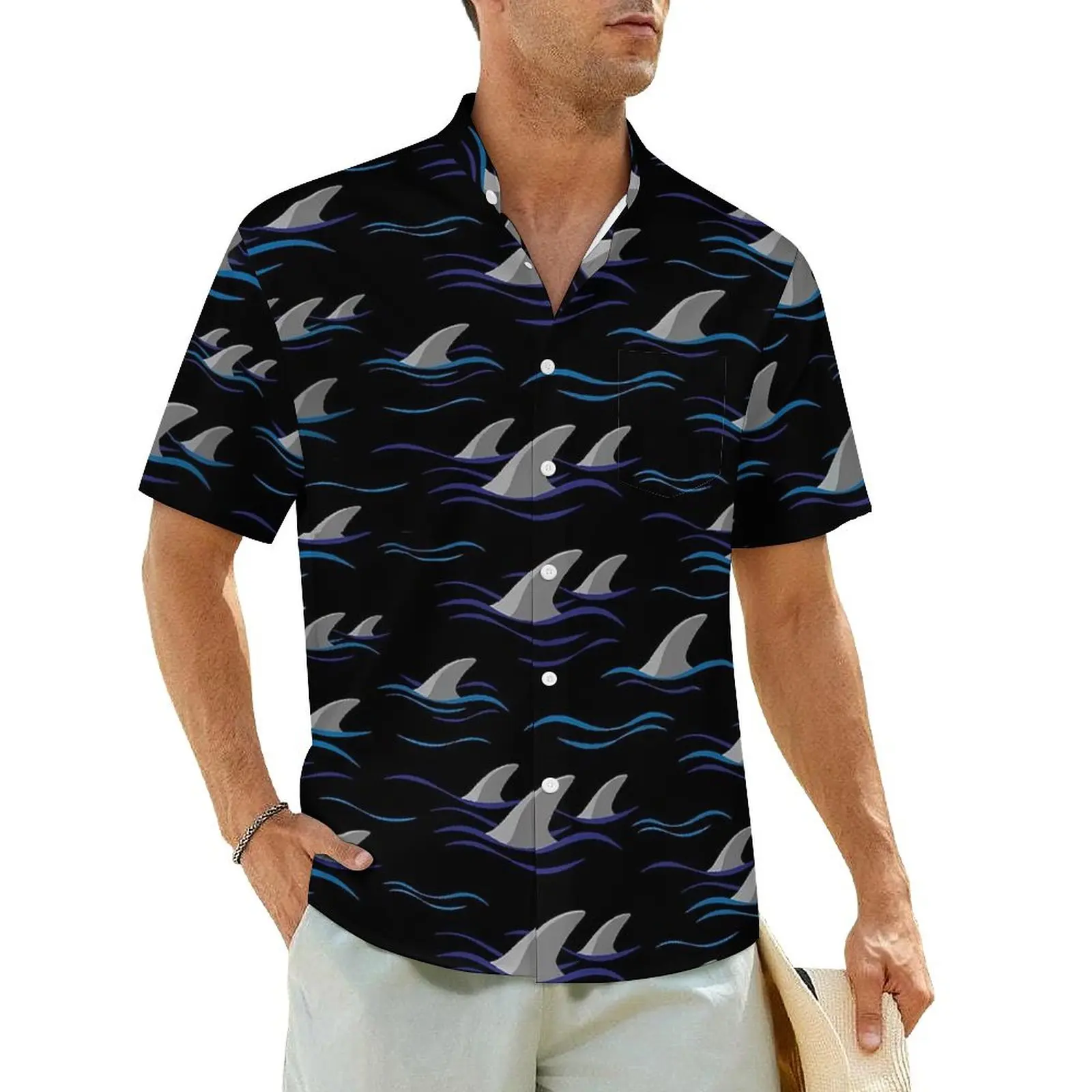 Summer Shirt Beach Shark Fin Blouses Waves Print Vintage Casual Shirts Man Short Sleeve Street Style Oversized Clothes