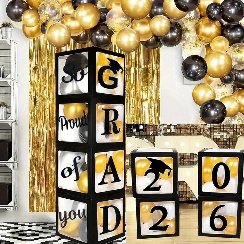 4 Stück 2026 Schwarze Abschluss-Ballonboxen GRAD 2026 Ich Bin Stolz Auf Dich Ballonbox für Abschlussfeier-Requisiten Hintergrunddekoration