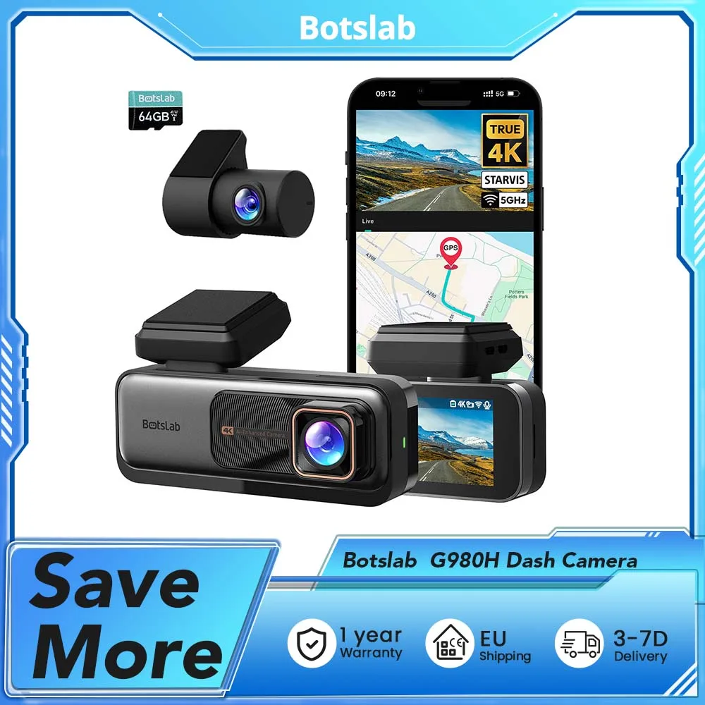 Botslab G980H 4K+2K Dual Dash Cam con sensori SONY, controllo vocale, ADAS, GPS, WiFi 5,8 GHz, scheda 64 GB, modalità parcheggio 24 ore su 24, 7 giorni su 7