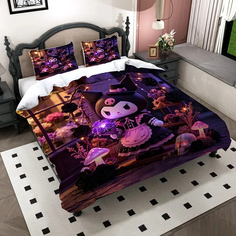 kuromi-witch-flower-greenhouse-bedding-set-black-rose-glowing-mushroom-duvet-cover-halloween-christmas-gift-for-girls