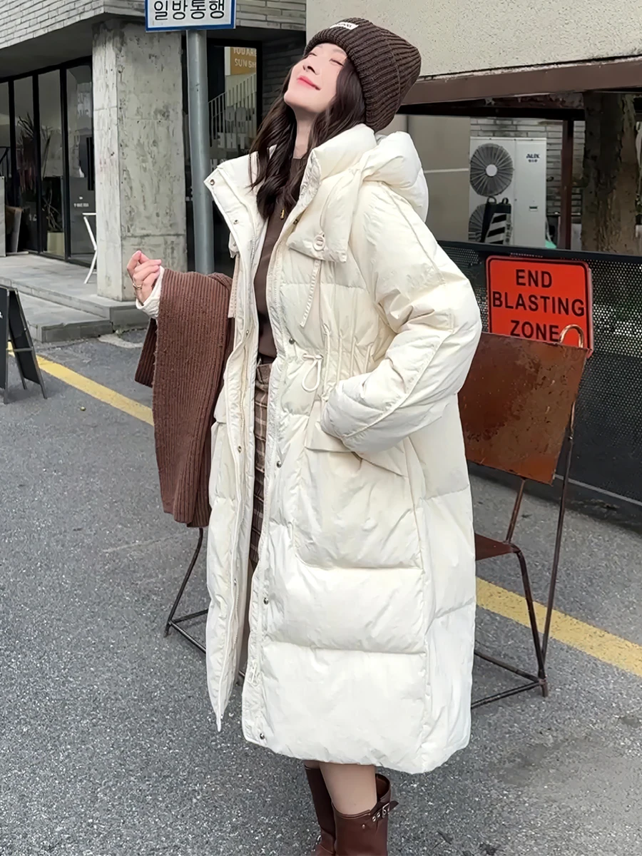 

Thiened Winter White Du down Jaet Long Hooded Coat Women's Faionable Lazy Sle Outerwear Warm Sli New Arrival