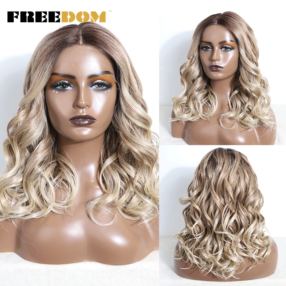 

FREEDOM Synthetic Lace Front Wigs For Women 20 inch Short Bob Curly Natural Wavy Wig Ombre Blonde Brown White Wig Cosplay Wig