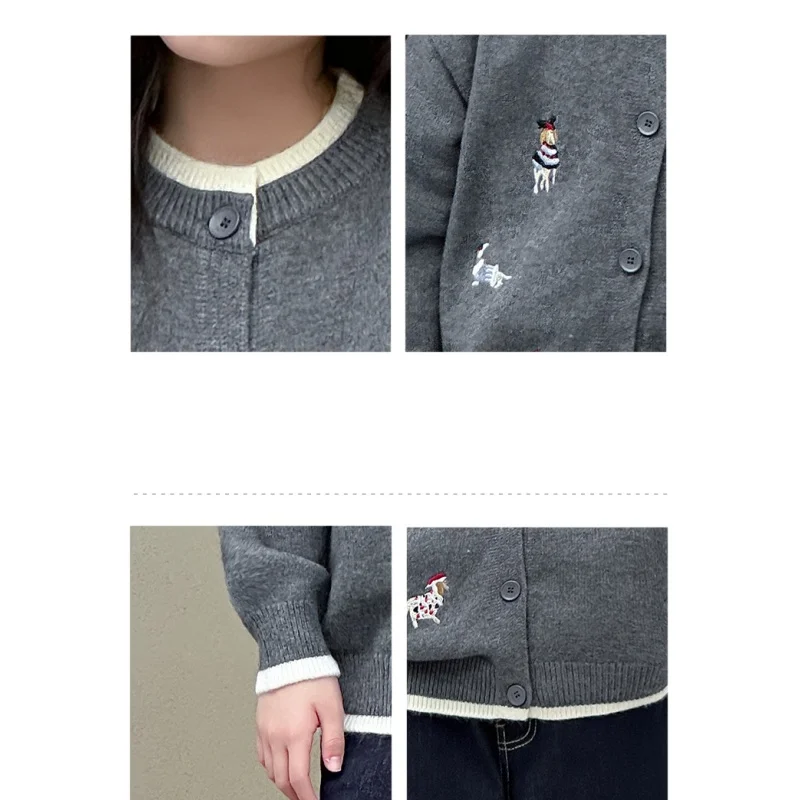 Kids Cardigan Age 4-14Y Baby Girl Casual Daily Spring&Autumn Gray Knitwear Tween Girl Vintage Outfit Child Japan Style Knitted
