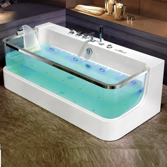 Luxury 2 Person White Acrylic Spa Hot Tub Freestanding Transparent Glass Whirlpool Massage Soft Bathtubs