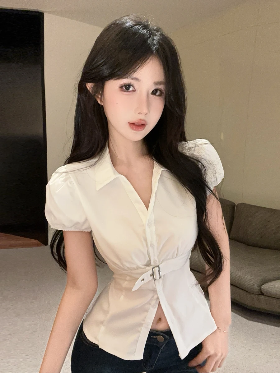 

Sweet Retro Pure Desire Metal Bule Waist Cinched Bubble ort Sve irt Ele Versatile Slimming Split Top for Women