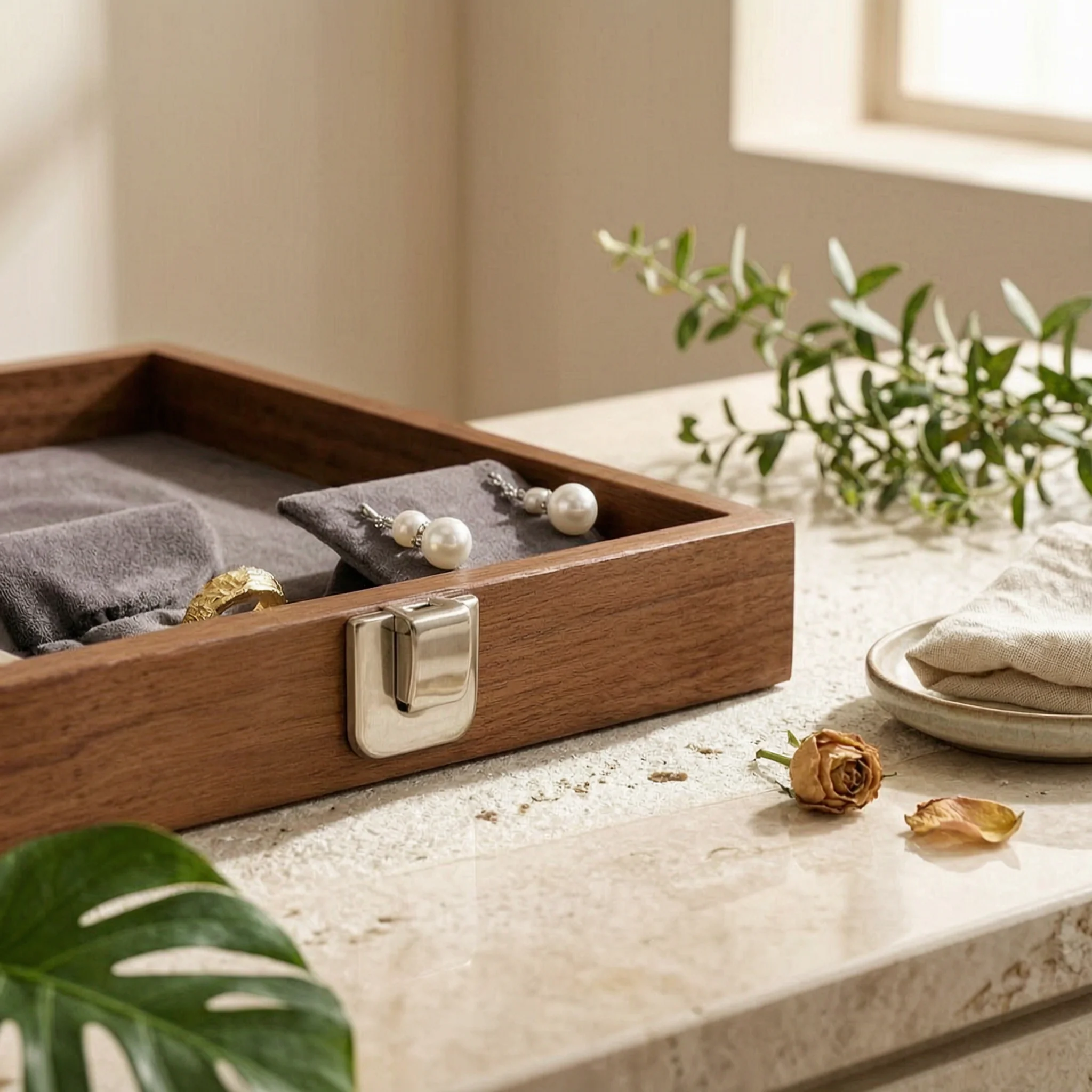 Glass Lid Jewelry Box Metal Latch Velvet Lined Jewelry Box Storage Item Wood Grain Removable Compartments
