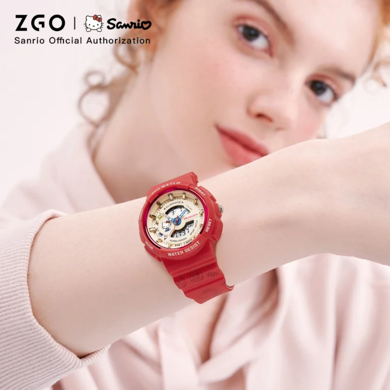 Reloj Digital ZGO Sanrio Hello Kitty para mujer, reloj electrónico rojo multifuncional deportivo resistente al agua para regalo de estudiantes 8573