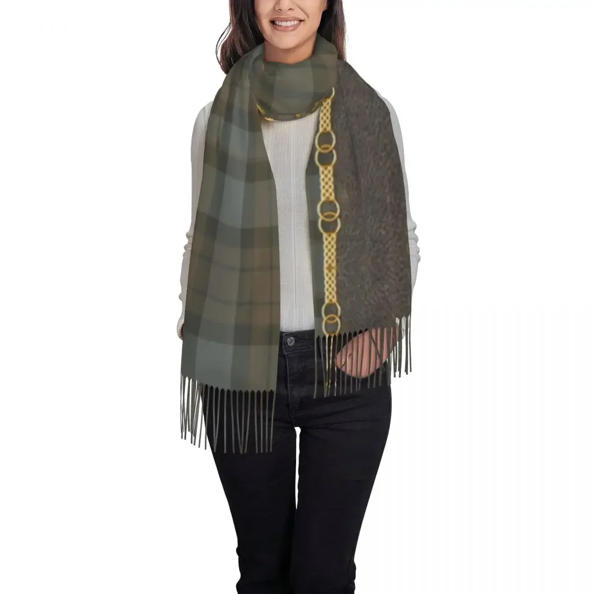 Fashion Leather And Tartan Sassenach Pattern Tassel Scarf Women Winter Warm Shawls Wraps Lady Dragonfly Outlander Scarves