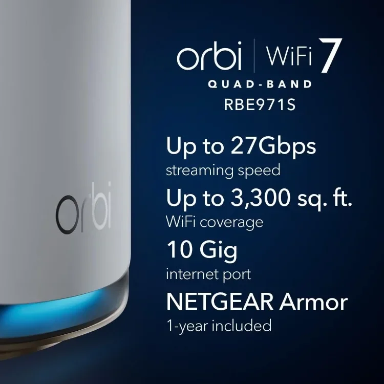 Orbi 970 Series Quad-Band WiFi 7 Mesh Router (RBE971S), Covers Up to 3,300 sq. ft., 200 Devices, 10 Gig Internet Port,