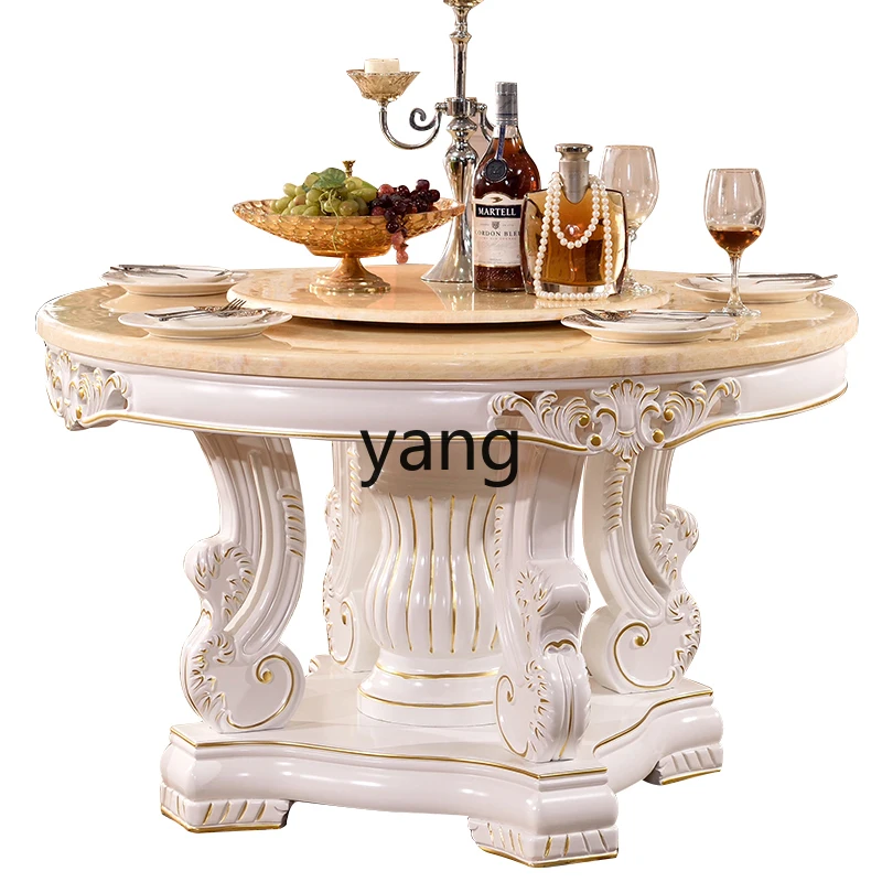 LH marble dining table solid wood carving flower round dining table living room double turntable furniture