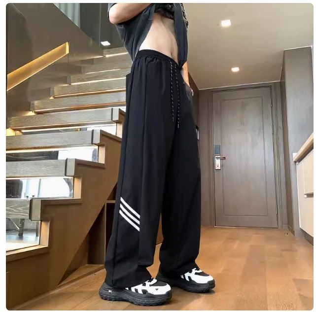 American retro high street striped fashion sweatpants men's loose straight leg wide casual long trousers storm pants