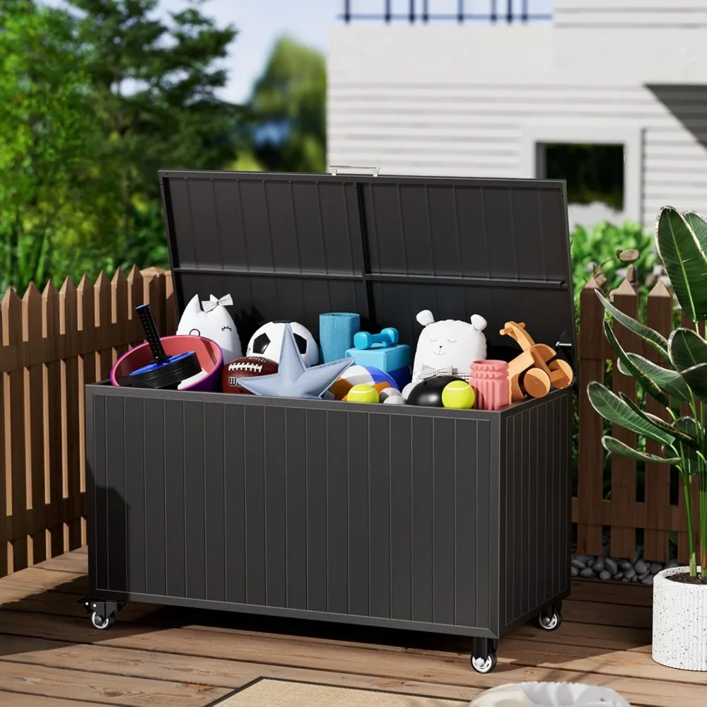 Draagbare 135 gallon aluminium buitenopbergdoos met wielen, waterdichte en UV-beschermde dekdoos voor gebruik op het terras