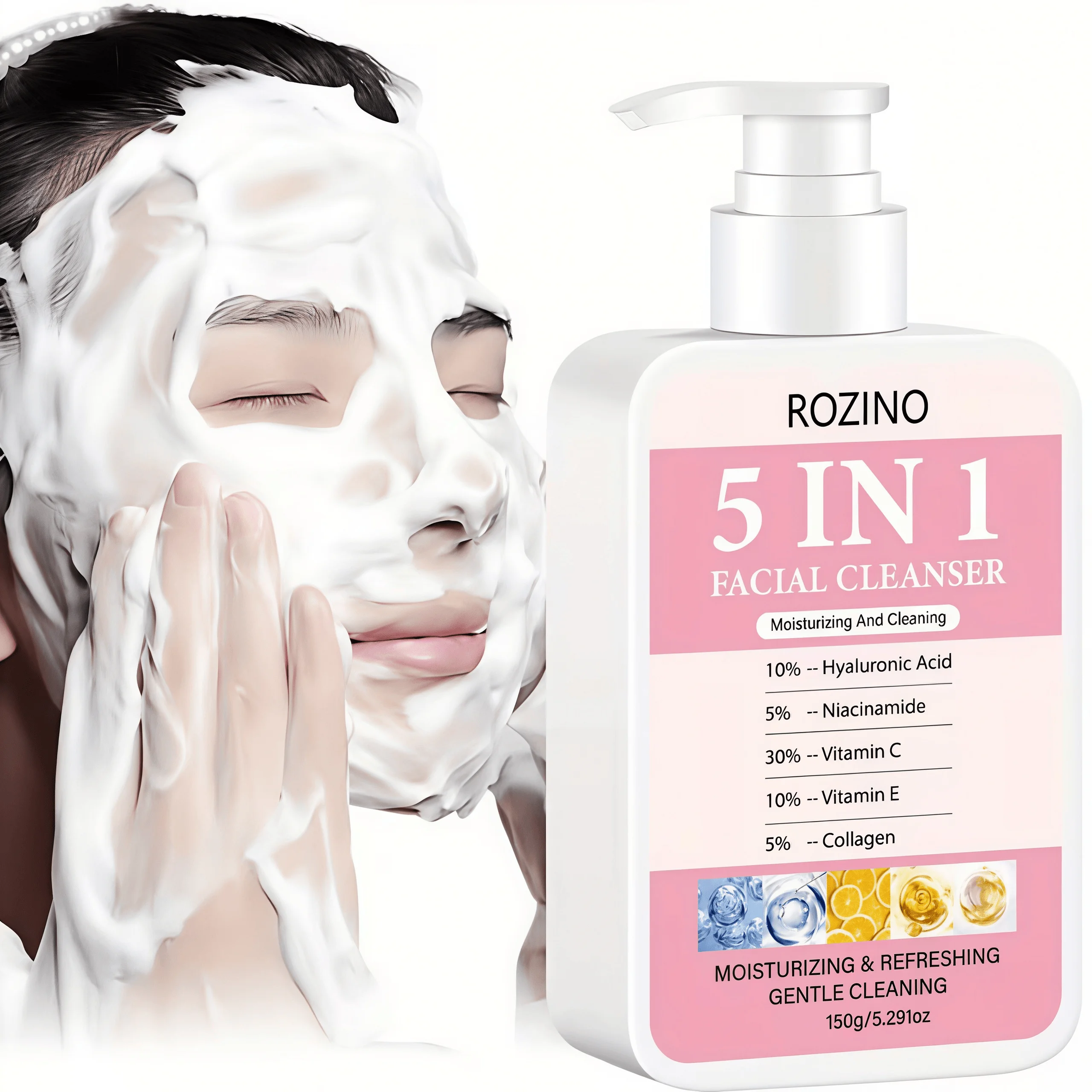 150g Large Capacity 5 in 1 Facial Cleanser, Which Combines Hyaluronic Acid, Niacinamide, Vitamin C, Vitamin E, and Collagen. Its Rich Foam Can Deeply Cleanse Oil and Dirt, Gently Cleanse, Moisturize, Brighten the Skin, Make It Smoother and More Delicate, and Is Suitable for Both Men and Women
