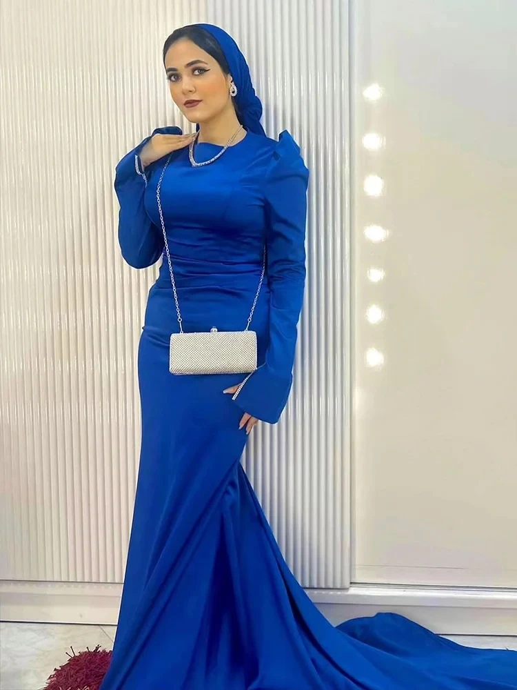 Flora Dress Elegant Blue Satin O-Neck Muslim Mermaid Prom Dresses Party Evening Gowns Long Sleeves For Women فساتين السهرة