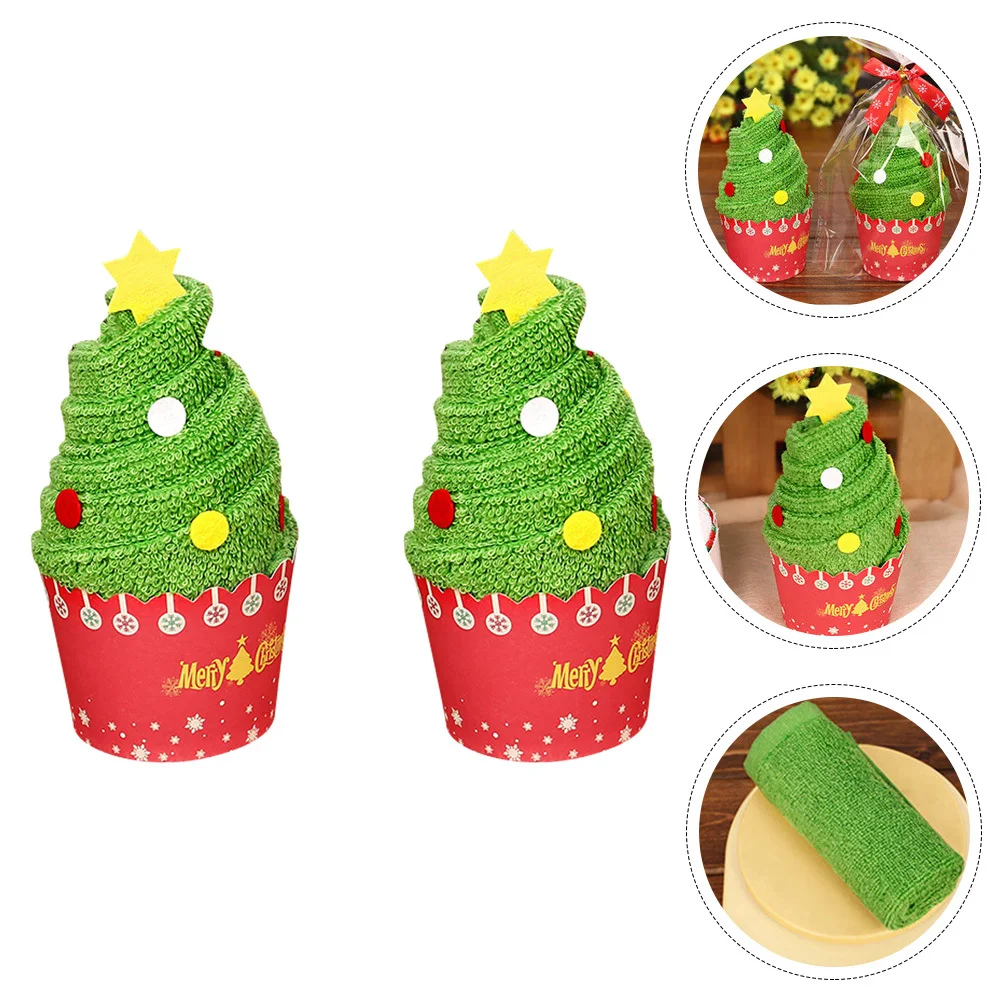 

2pcs Christmas Cotton Soft Hand For Holiday Gift Xmas Tree Shaped Wash Cloth Face Towel Bathroom Supplies Christmas Tree